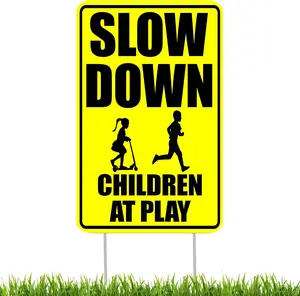 Slow Down Children Kids At Play Yard Sign With Stakes Double Sided Caution Neighborhood Yard Sign Large 12 by 8 Inch