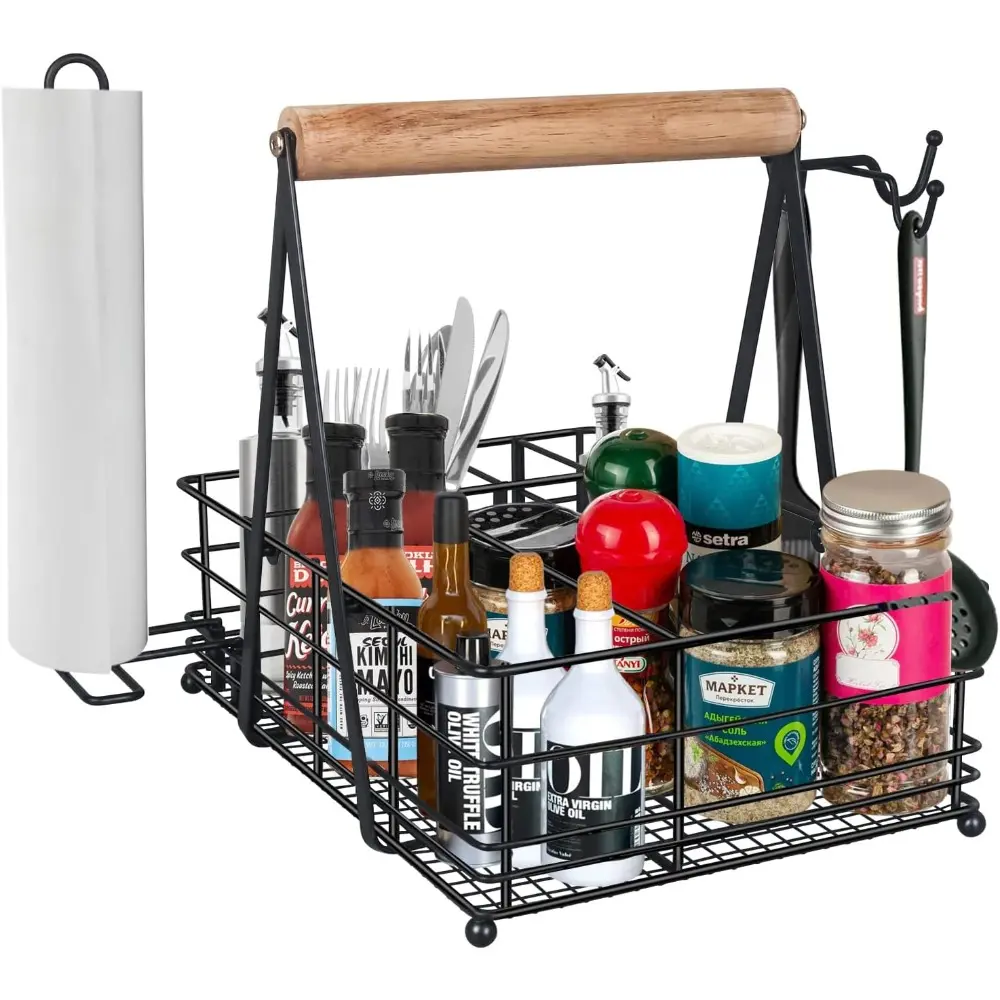 Grill Caddy with Paper Towel Holder, 3 Hooks, 6 Compartments - Adjustable Steel Frame Outdoor Barbecue Utensil for Blackstone Griddle Smoker, Camper Barbecues, Camping, Large Size with Handheld Grip, Outdoor Cooking Equipment