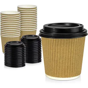 50 Pack 4 oz Insulated Ripple Triple Wall Paper Coffee Cups with Black ,  Disposable, Brown To Go Anti Slip for Hot Beverage, Christmas, Travel, Office
