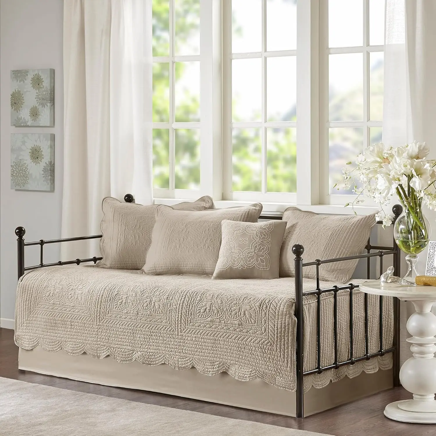 Damask Quilted Daybed Cover Set, All Season Pre-Washed Cotton-Filled Coastal Bedding with Scallop Edge, Shams, Bedskirt, Decor Pillows, Tuscany Khaki 6 Piece