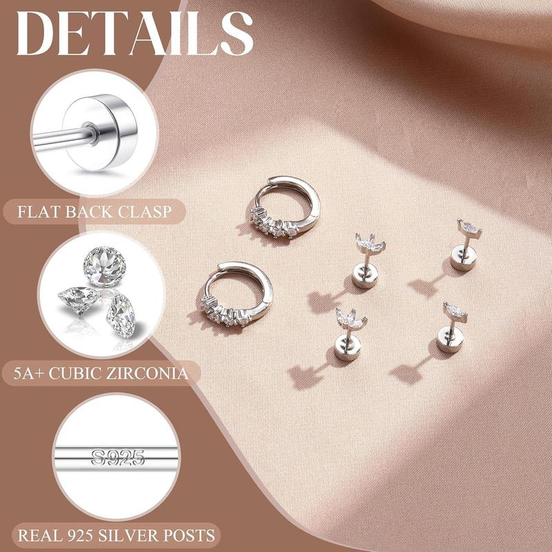 ZELORES 3 Pairs Sterling Silver Flat Back Earrings for Women Trendy Small Hoop Huggie Earrings CZ Cartilage Stud Earrings Set White Gold Plated Tragus Helix Earrings Piercing Jewelrys
