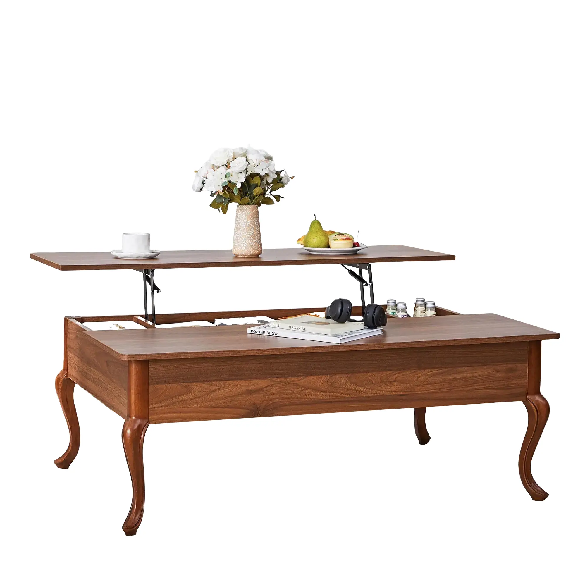 Giratree 47.24" Lift Top Coffee Table, Farmhouse Coffee Table with Hidden Storage, Solid Wood Legs Wood Center Table Dining Table for Living Room, Apartment, Home Office