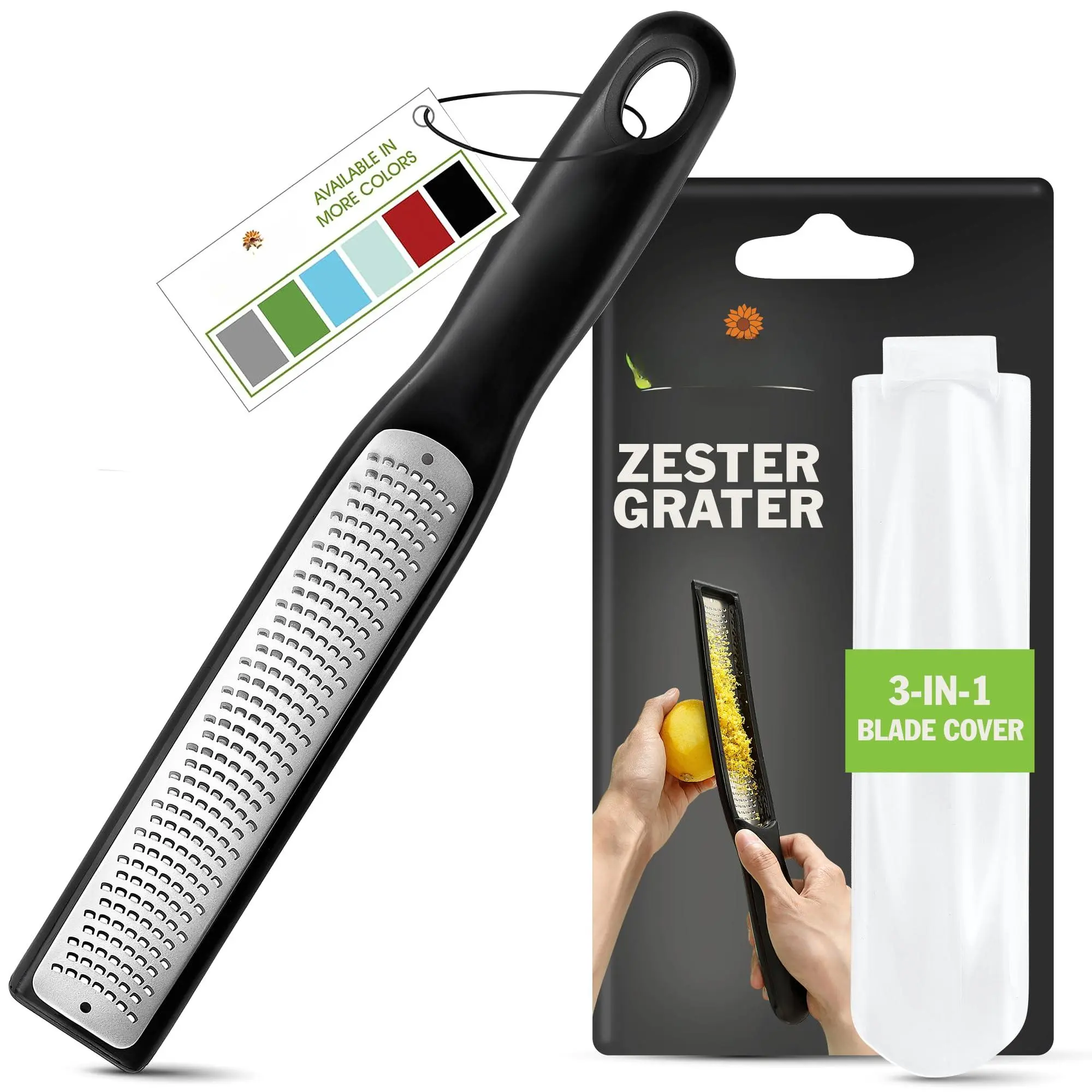 Lemon Zester Grater With Handle - Fruits  Garlic Chocolate Nutmeg Ginger Heavy Duty Kitchen Tool Stainless Steel Citrus Cover Fine Shred Black