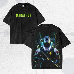 Marathon Game Graphic T-Shirt Vintage Washed Oversized Tee Heavy Cotton Double Print Streetwear Unisex Menswear Gamer Style 2026