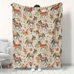 Cozy Donkey & Floral Print Flannel Blanket - Soft, All-Season Comfort Sofa, Bedroom, Travel - &, Farm Decor, Birthday Present, Travel Blanket |   Playful Design |  , Birthday Mother's Day Size