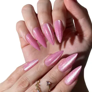 Pink Glitter Stiletto Press On Nails - Glossy Pink Gradient with Fine Glitter Accents for Bold Beauty and High-Impact Shine