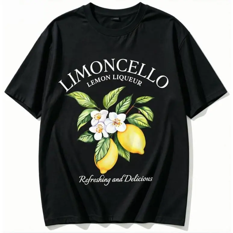Women's 100% Cotton Short-Sleeve Round Neck Limoncello Lemon Liqueur Graphic Tee - Italian Summer, Watercolor Floral Lemon Design, Everyday Elegance & Style
