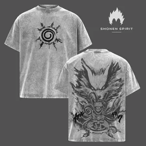 Naruto x Kurama - Naruto Anime Double Printed Vintage Washed Unisex Oversize Anime Manga Washed Heavyweight Cotton T-shirt, gifts For Anime Fan, Anime Lover