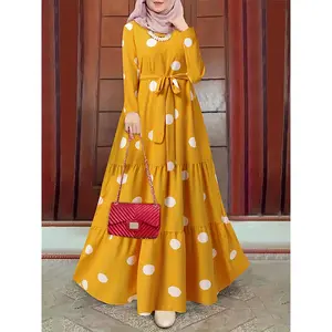 Ramadan Polka Dot Print Kaftan Dress, Casual Long Sleeve Tiered Dress, Women's Clothing