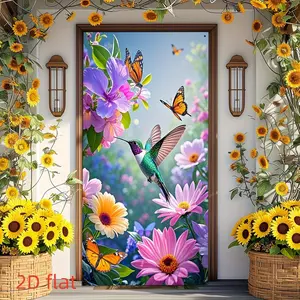 1PC,2D Flat Door Banner Spring Hummingbird Butterfly Flower Door Banner, Festival Decoration Curtain, Outdoor Patio Wall Decor Hanging Cloth, Living Room Bedroom Door Background Cloth, Garden - The