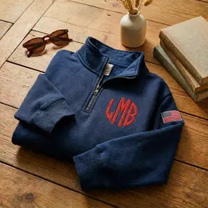 Custom Embroidered Quarter Zip Sweater with American Flag Sleeve Unisex Patriotic Pullover, Gift for Him, Veteran Gift, USA Pride