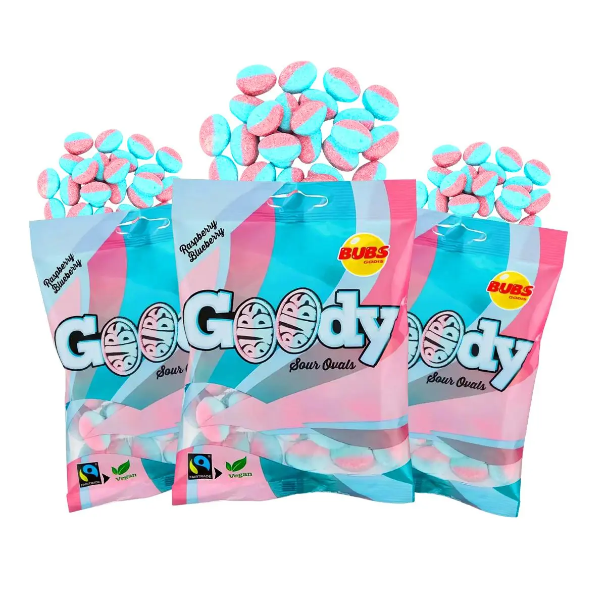 Bubs Goody Sour Ovals 3 Pack - Swedish Candy - Raspberry Blueberry Flavor 90g Bag Vegan Gluten-Free  Bonbon