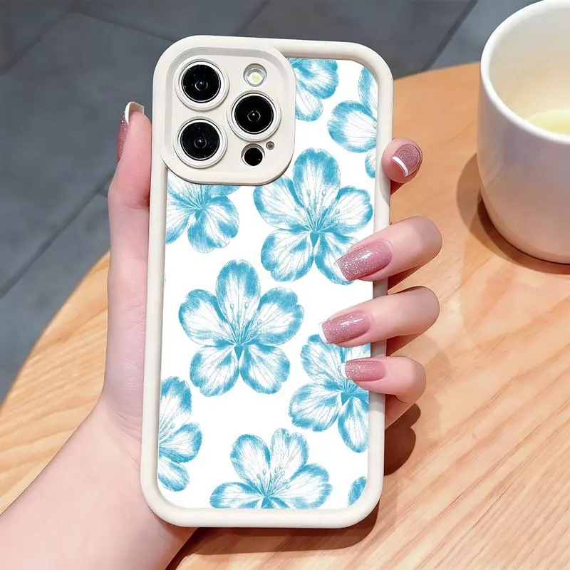 Blue sketch cherry blossom pattern phone case. Compatible with iPhone 17 Pro Max/16 Pro Max/15 Plus/14/13/12/11, TPU soft case. Compatible with Galaxy S26 Ultra/S25 Plus/S24/S23, Dopamine color. Compatible with Galaxy A54/A53/A33/A15.