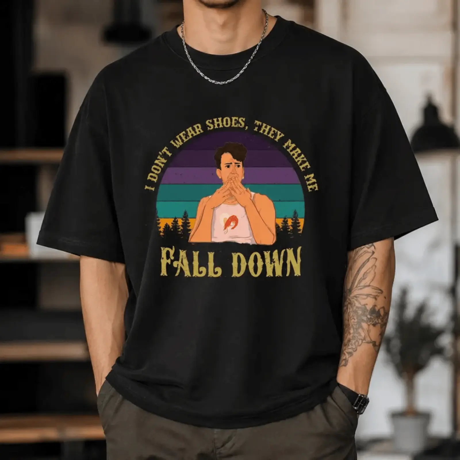 I Don’t Wear Shoes They Make Me Fall Down Funny Movie Quote Tshirt, Retro Comedy Graphic Tee, Vintage Humor Gift