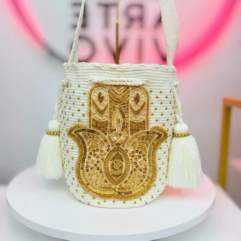 Hamsa Hand Crochet Bucket Bag with Gold Sequins – Handmade Evil Eye Protection Shoulder Bag with Tassels