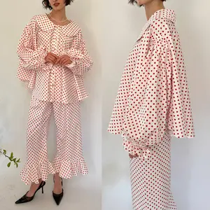 Women's Polka Dot Ruffle Pink Set Long Sleeved Top+long Pants 2-piece Set Pajamas Home Wear Soft Button Down Loungewear Pjs Lounge Set Nightwear