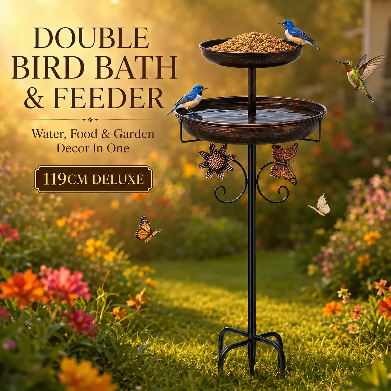 119cm Metal Bird Bath Feeder for Outdoors, 2-Tier Bird Bath and Feeder Stand, Garden Yard Decor for Wild Birds