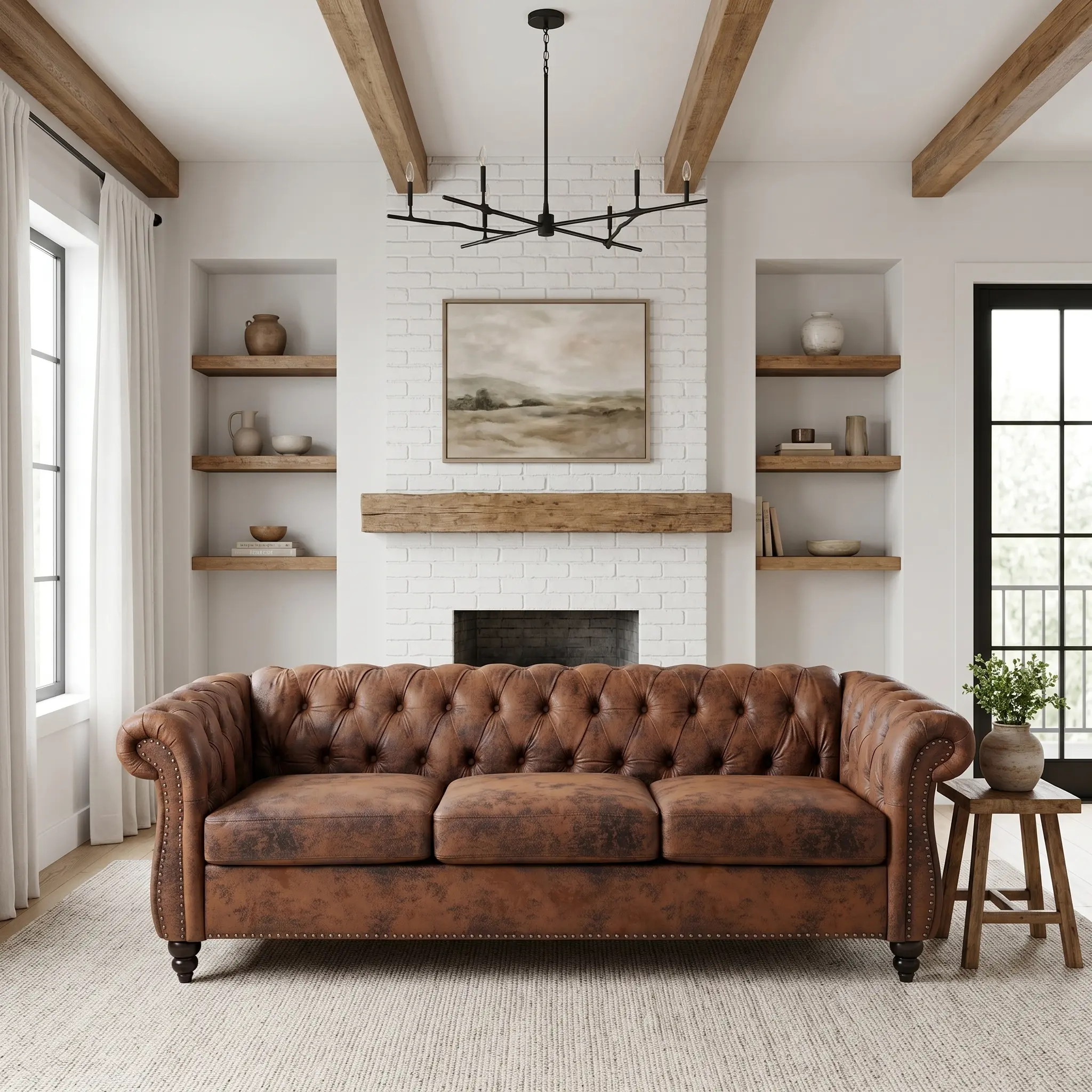 3-Seat Mid-Century Modern Chesterfield Faux Leather Sofa - Tufted Backrest, Nailhead Trim, Rolled Arms, High-Density Foam, Solid Wood Upholstered Couch for Living Room Furniture (Includes Hardware), Three Seats