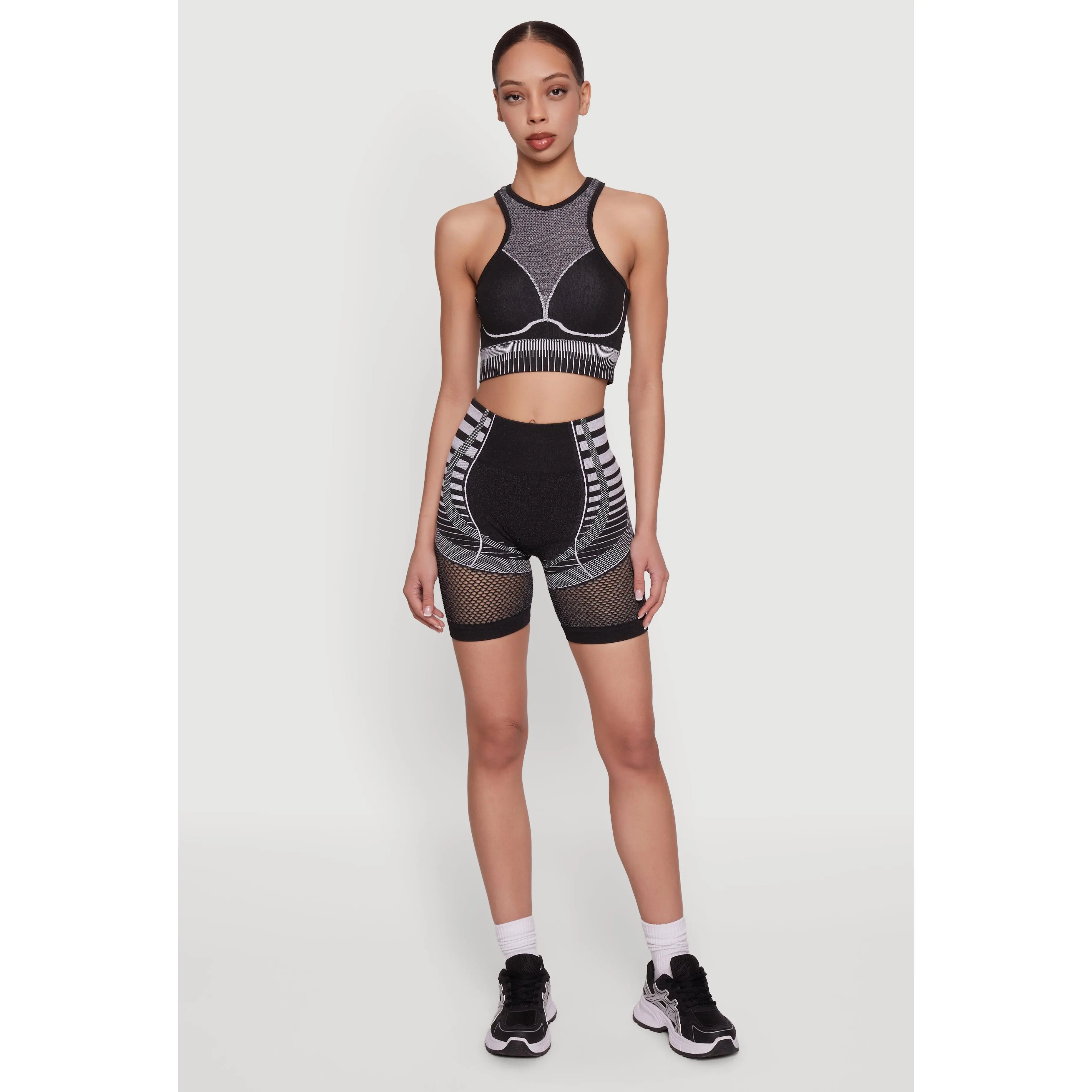 Striped Fishnet Detail Seamless Biker Shorts