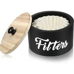 Wooden Coffee Filter Holder with Lid, Basket Coffee Filter Storage Container for Counter, Rustic Farmhouse Café Bar Decor, 50 Count Capacity (Black)