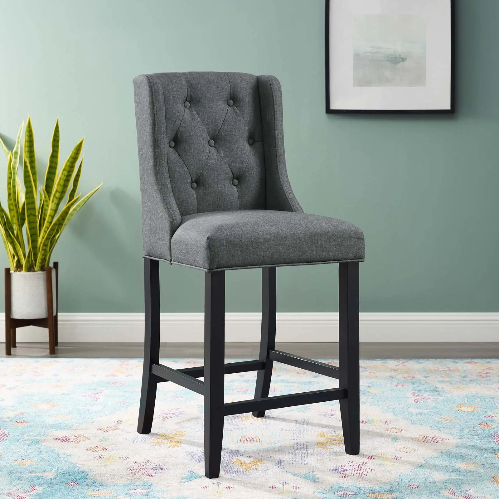 Modway Baronet Tufted Button Upholstered Fabric Counter Stool in Gray