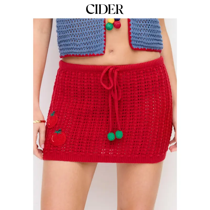 Cider Women's Boho Crochet Knit Mini Skirt, Mid Rise Bodycon Fit with Novelty Tomato Applique Detailing, Boho Skirts, Bottoms, Fitted, Acrylic, Knitting, Mini Length