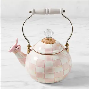 MACKENZIE-CHILDS Enamel Whistling Stovetop Tea Kettle, Brown-and-White Mocha Check Decorative Kitchen Tea-Making Tool