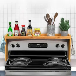 Kitchen Storage Bamboo Spice Rack for Stove, 31.5inch Kitchen Spice Rack Organizer Stove Top Rack with 11.4inch Hooks, 6 Extra Storage Countertops, Easy to Assemble