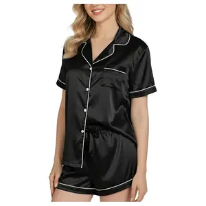 NY Threads Women's Silk Satin Pajamas Set Button Down Top and Shorts 2 Piece Sleepwear Loungewear Pjs Set
