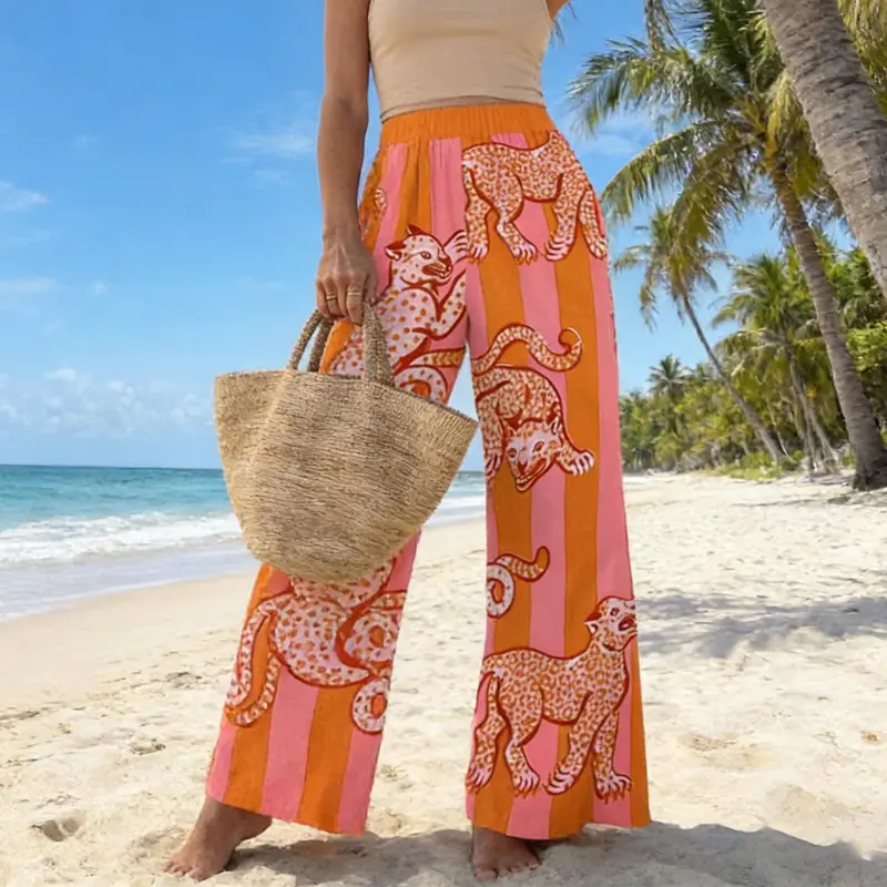 Women's Chic Boho Oversized Leopard Print Stripe Palazzo Pants - Elastic Waist, Wide-Leg, Soft Smooth Fabric, Vibrant Graphics, Plus Size Bottoms for Thanksgiving, New Year Occasions