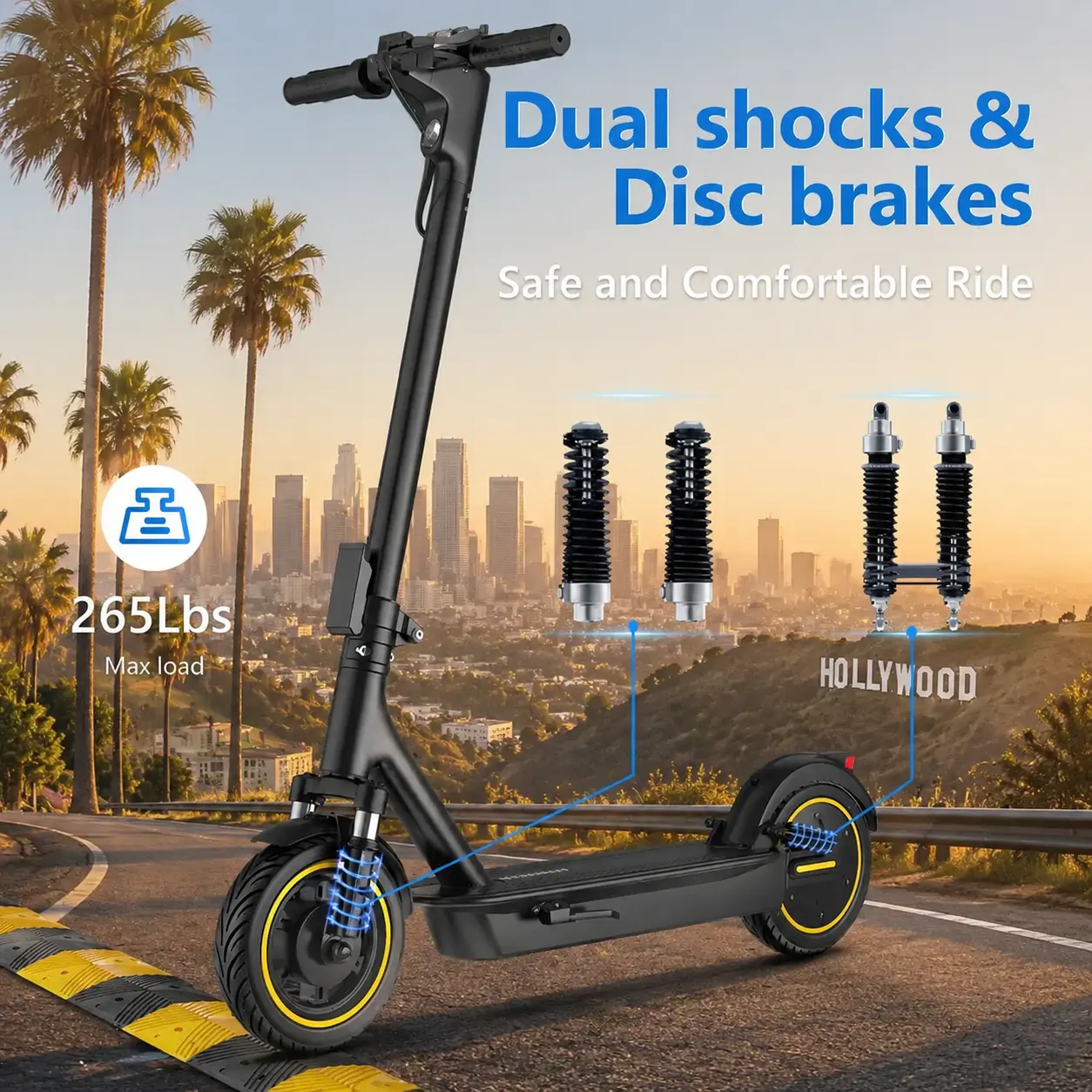 Esmax High-Speed Electric Scooter 10-inch solid tires 500W motor with front and rear dual shock absorption, range of 22-30 miles, top speed of 22 mph, dual braking system, LED lights, app control, aluminum alloy frame, Springtok。