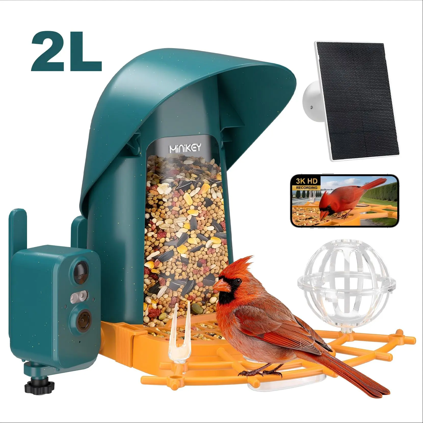 Minikey Smart Bird Feeder with Camera 2L Capacity, 4MP HD Wide View AI Bird Species Identify 11000+ Types, Solar Powered Wireless WiFi Bird Feeder, Real-Time App Instant Alerts, Squirrel Proof Outdoor Bird Feeder Gift for Bird Lovers Parents Grandparents