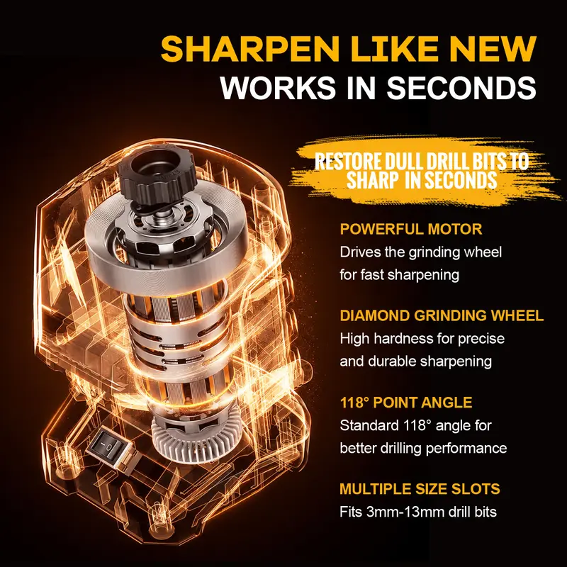 Electric Drill Bit Sharpener, 95W Drill Grinding Machine for 3mm-13mm HSS & Carbon Steel Drill Bits, Automatic Drill Bit Sharpening Tool with Precise Angle Control for Home DIY, Workshop & Professional Use