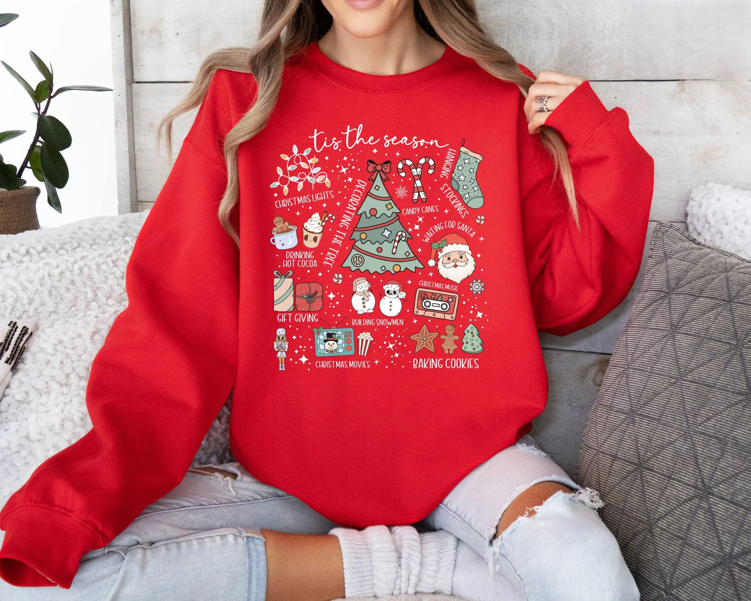 [Sale off up to 50%] Retro Christmas Sweatshirt, Holiday Doodles, streetwear graphic tee