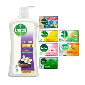 Dettol Antibacterial Bodywash Gentle Care (Habbatus Suada & White Jasmine, 900g) with 4-Pack 100g Mix Soaps - Body Care Cleanser