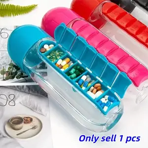 Creative Water Bottle Two-In-One Medicine Box Vitamin Box, Vitamin Organizer, Supplement Organizer, Seven-Day Compartment Outdoor Portable Water Bottle, Weekly Medicine Cup for Daily Use