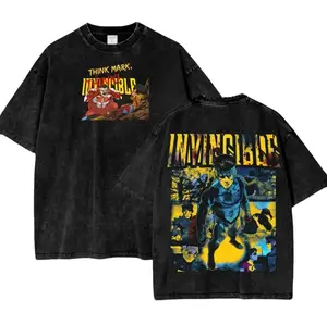 Retro Washed Invincible Omni-Man "Think Mark" Scene T-Shirt, Double-Sided Print Unisex Streetwear Tee, Loose Fit Casual Short Sleeve for Men & Women