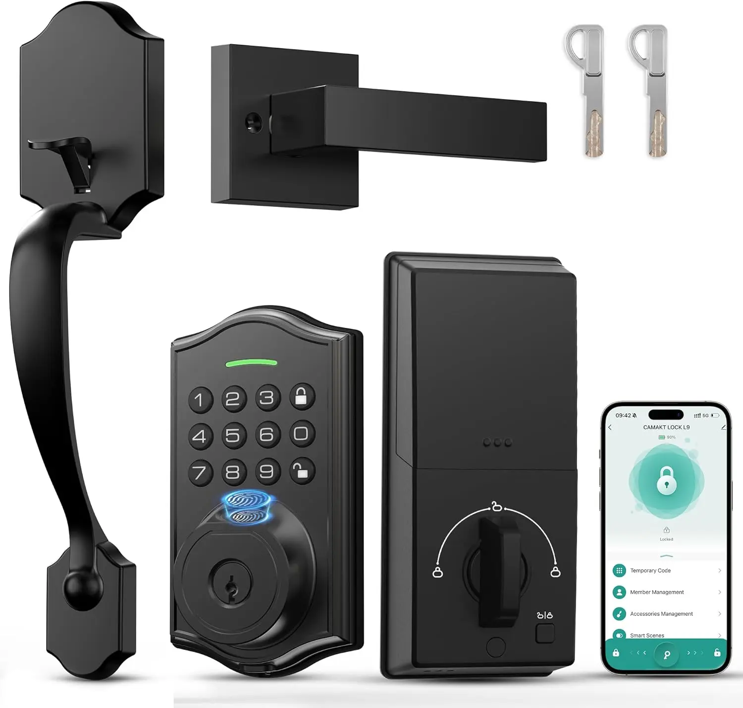 Keyless Entry Door Lock with Handle,Fingerprint  Front Door Lock Set,APP Control,  Keypad Deadbolt with Lever Handle, Anti-Peeping, Auto Lock, Easy Install, Black
