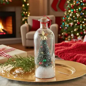 Mr. Christmas Tree Message in a Bottle 8 Inch, Recordable Christmas Tree Voice Message Bottle Ornament with Playback Cork, Snowy Scene in NostalgicBottle