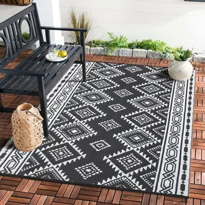 GARVEE 6' x 9' Reversible Mats, Plastic Straw Rug, Modern Area Rug, Large Floor Mat for Outdoors, RV, Patio, Backyard, Deck, Picnic, Beach, Trailer, Camping, Porch, Balcony, Bohemia Black & White