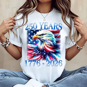 American Eagle 250 Years 1776 2026 Patriotic Print T Shirt White Casual Short Sleeve Top For Everyday Wear And Outdoor Activities