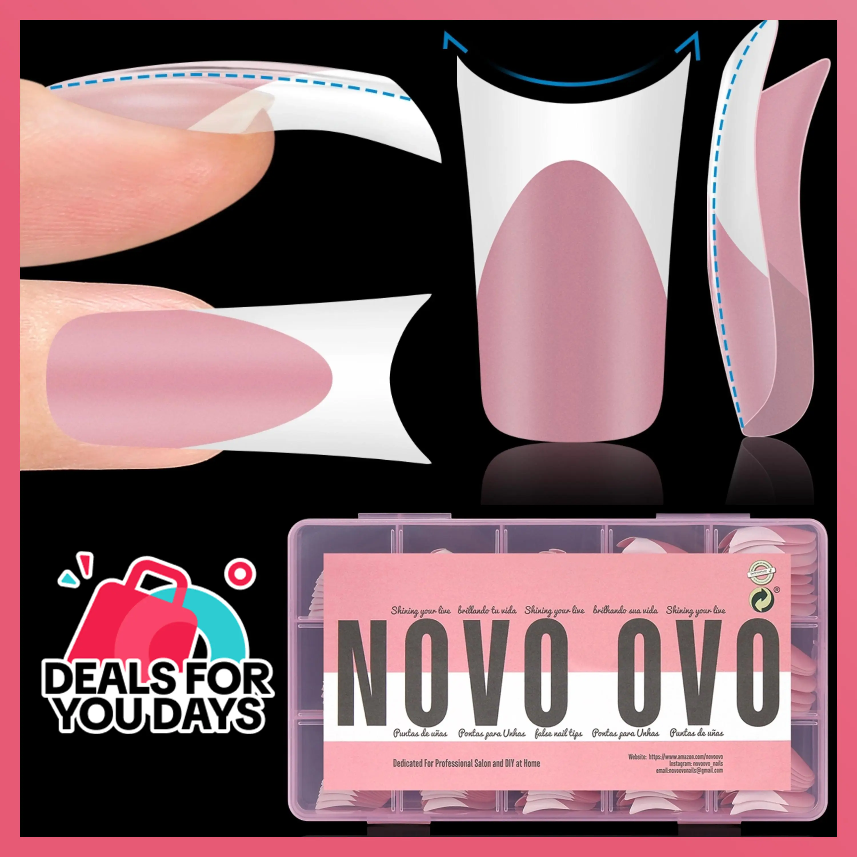 NOVO OVO White French Tip Duck Feet Nail Tips Full Cover for Press on Acrylic with Moon Curve, Thick Medim Long Pre-Etched Matter Flare Wide Soft Gel Fake False Nail Extension x 15 Sizes 150 pcs【DOES NOT INCLUDE: LIGHT, GLUE, BUILDER GEL】