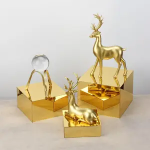 3Pcs Golden Acrylic Nesting Riser Stands for Display, Mirror Gold Acrylic Cube Box Rack for Home Party Wedding Table Cover Centerpieces Food Risers for Buffet Table Hollow Bottoms Decoration Organiser