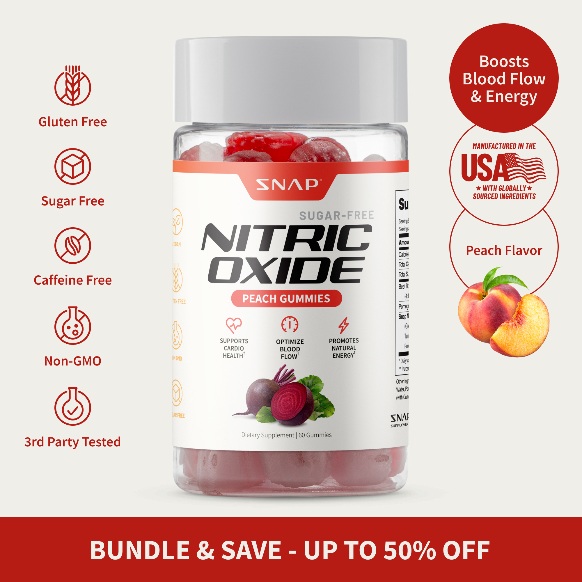 Snap Supplements - Sugar Free Nitric Oxide Beet Root Gummies - Heart Health - Energy Boost - Circulation - Nitric Oxide Booster - 3rd party tested