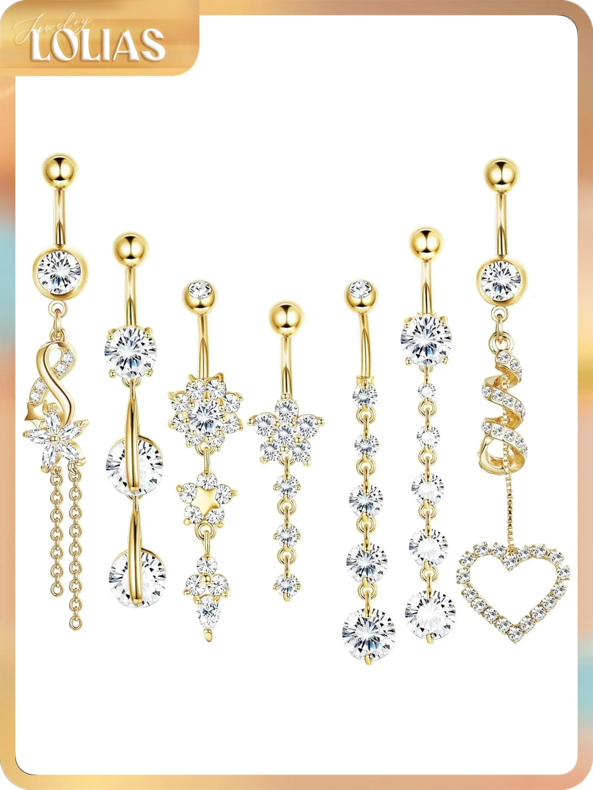 LOLIAS 7-Piece Belly Button Piercings for Women, 14G Hypoallergenic Surgical Steel Dangle Navel Rings with Cubic Zirconia Flower & Heart Designs, Bling Effect, Flowers, Casual, Belly Button Rings, Dangling, Daily, Unisex, Beach, Everyday, Set