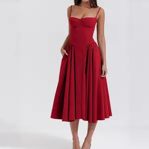 Women's Backless Spaghetti Strap Corset Dress Elegant Flared Midi Dress for Summer Party Evening Date Night Wedding Guest Wear
