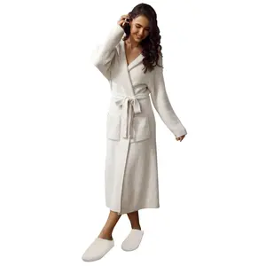 Ultra Soft Plush Fuzzy Robe with Pockets Long Sleeve Calf-Length Polyester Microfiber Spa Bathrobe Loungewear for Women Adjustable Waistline Christmas Eve Outfit Casual DressFabric, Womenswear, Belt, Hoodie, Ribbed, Nightwear, Thick, Basic