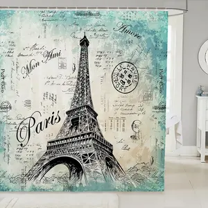 Feelyou Eiffel Tower Bath Shower Curtain Set - Chic Paris Vintage Cityscape Teal, Waterproof Washable Fabric with C-Hooks, Multi-Size Option for Bathroom Decoration