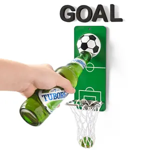 Magnetic Soccer Bottle Opener Refrigerator Magnet Removable Metal Wall Mounted Opener with Cap Catcher Collector Gift for Soccer Beer Lovers and Men Use as Kitchen-Yard-Bar Decoration