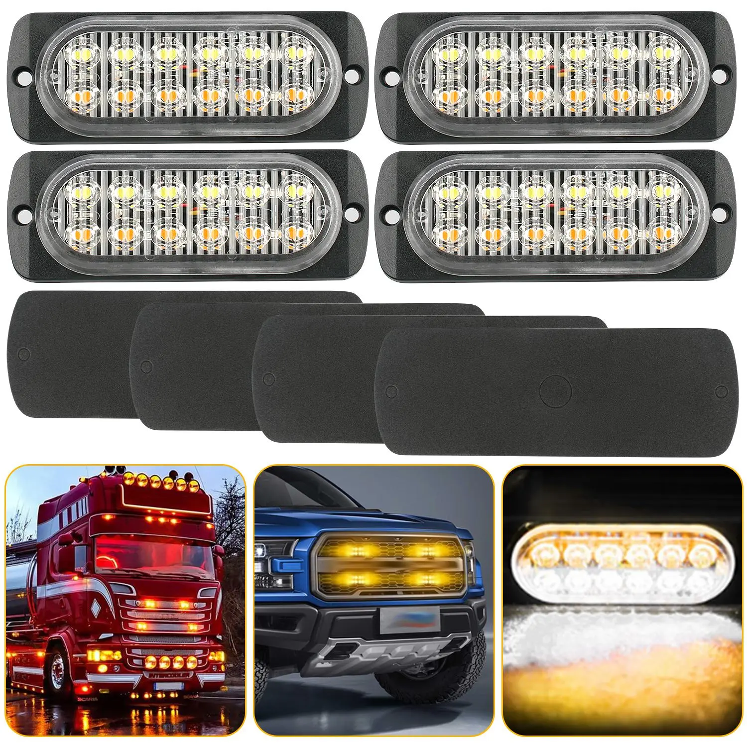 4 PCS Amber White 12 LED strobe lights for trucks Emergency Strobe Lights for construction Vehicles LED Surface Mount Light Flashing Warning lights